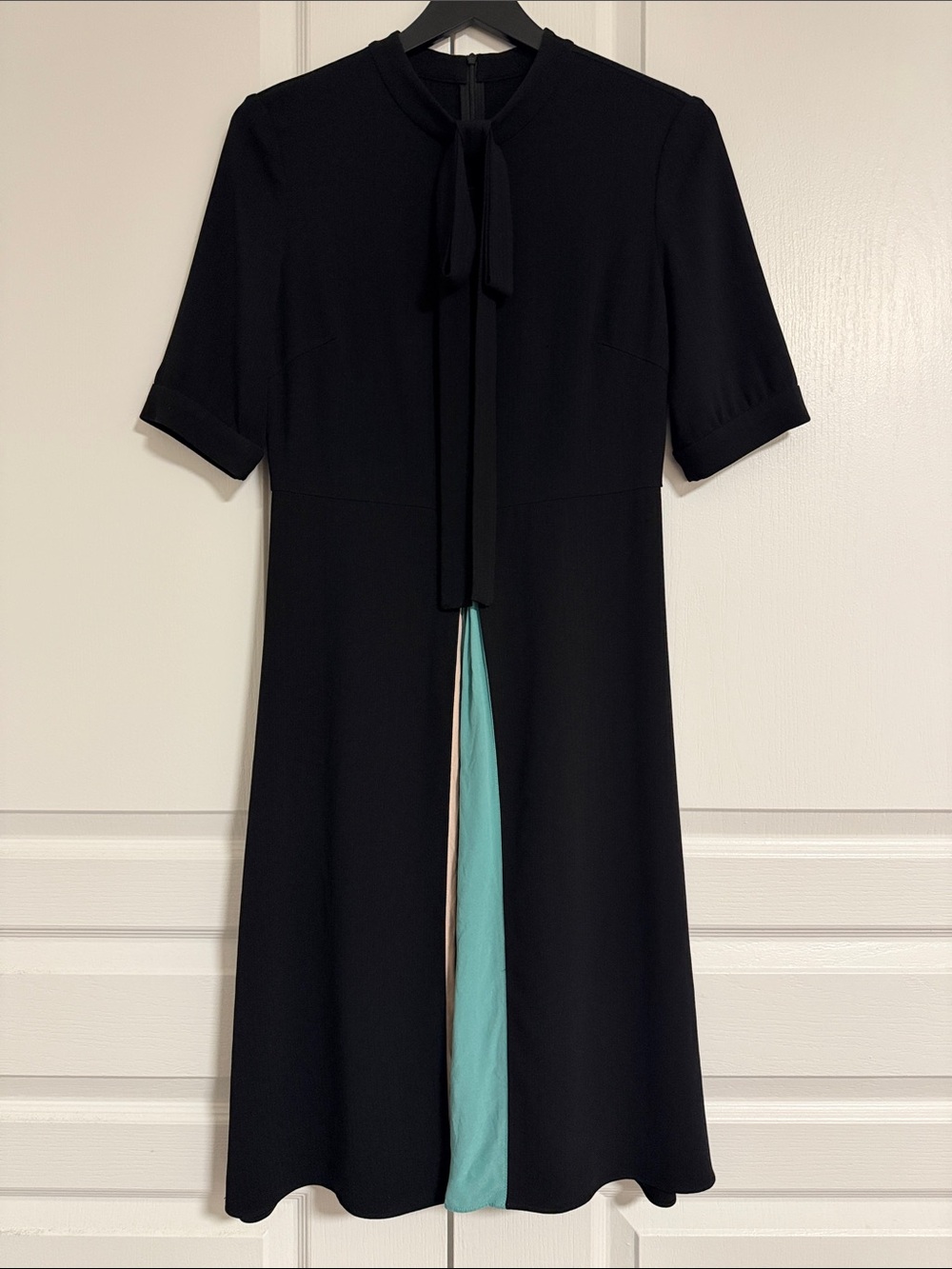 Black Midi Dress with Teal Contrast Panel and Tie Neck
